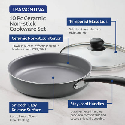 Tramontina 10-Piece Ceramic Nonstick Cookware Set - Steel Gray