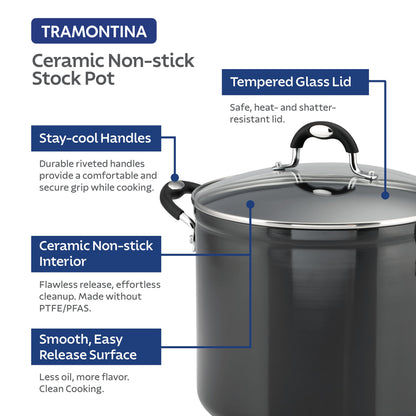 Tramontina 12-Quart Ceramic Nonstick Covered Stock Pot - Charcoal Gray
