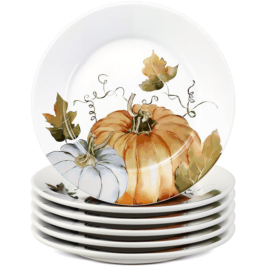 Autumn Harvest Ceramic Plates Set of 6 - Pumpkin & Leaves Design
